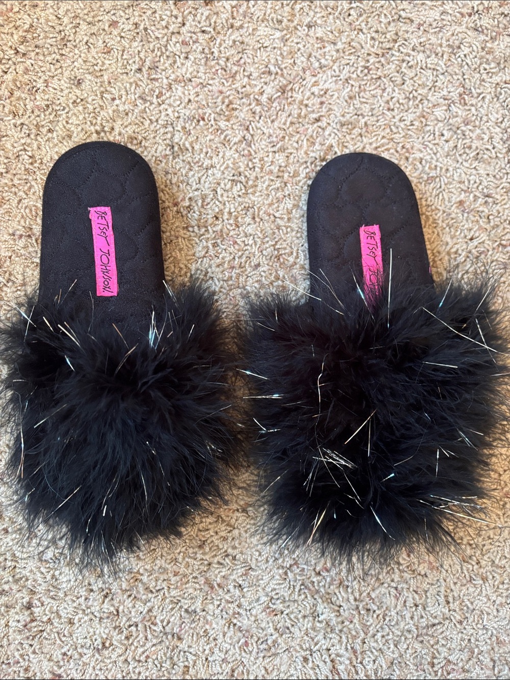 Worn Once Betsey Johnson Black Marabou Slide Slippers with Silver Tinsel